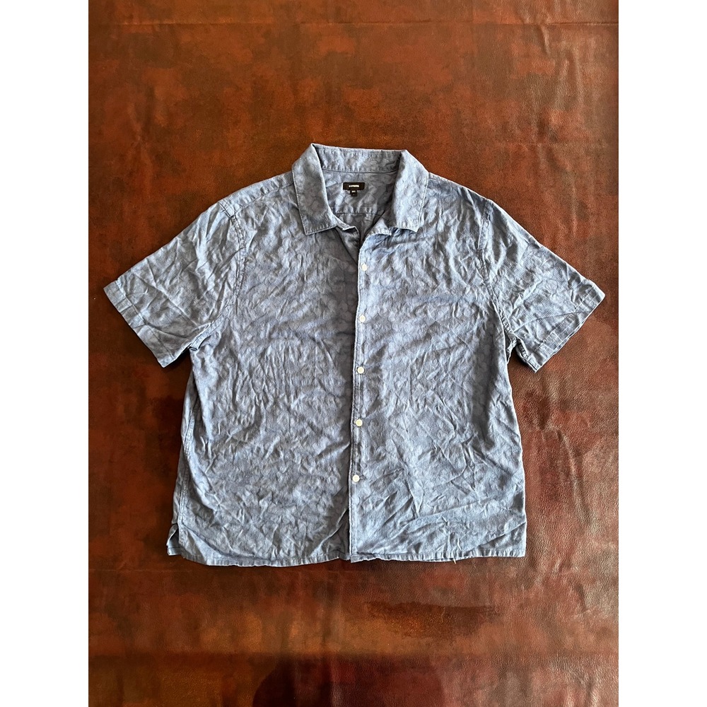 Express Mens Blue Floral Jacquard Short Sleeve Button Up Shirt Size Large